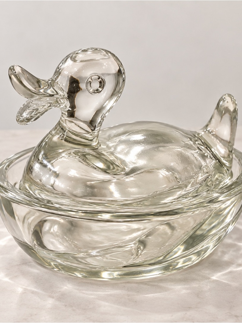 Vintage Clear Glass Duck on Nest Covered Trinket Dish 6” Cottage Farmhouse Decor